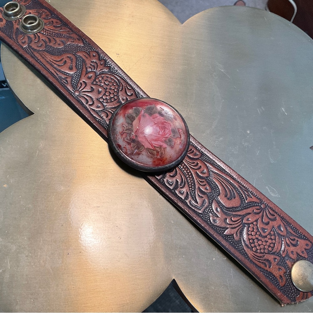 Vintage tooled Leather Cuff Bracelet with foiled rose encased in lucite XL
